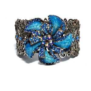 Victorian Style Filigree Cuff Bracelet Wide Blue Rhinestone Faux Turquoise